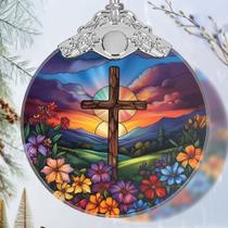 Enfeite suspenso Jocidea Cross Spring Flower Stined Glass