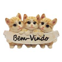 Enfeite Trio de Gatos Placa de Bem Vindo em Resina 10 cm