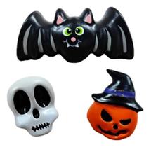 Enfeite Trio Halloween Mini Morcego Caveira Abobora Chapeu Enfeite Trio Halloween Mini Morcego Caveira Abobora Chapeu