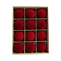 Enfeites De Natal Vermelhos De Veludo 12 Peças Bolas Flocadas Com Fitas Douradas Para Decoração De