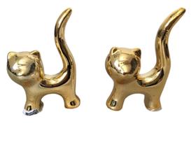 Enfeites Decorativos Casal Gatos Cerâmica Dourada