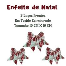 Enfeites Kit Laços de Natal Veludo e Poliéster Vermelho e Branco Decorado c/ Pinha 10cm Árvore Natalina