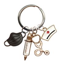 Enfermeira Keychain Médico Assistente Chaveiros Médico Chaveiros Estetoscópio Estetoscópio Syringe Charms Carro Chaveiro Homens Joias Mulheres - Preto