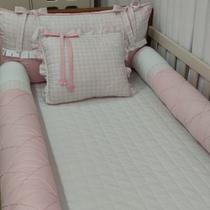 Enxoval Cama Solteiro Montessoriana 5 Peças Menina Rosa Xadrez Vichy Rolo Protetor