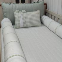 Enxoval Cama Solteiro Montessoriana 5 Peças Menino Verde Xadrez Vichy Rolo Protetor