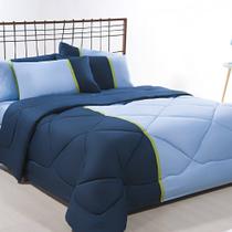 Enxoval Edredom + Jogo De Cama King Aconchego Premium 06 Peças - Azul/ Marinho