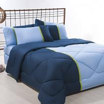 Enxoval Edredom + Jogo De Cama Queen Aconchego Premium 06 Peças - Azul/ Marinho