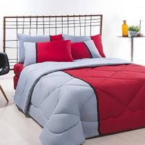 Enxoval Edredom + Jogo De Cama Queen Aconchego Premium 06 Peças - visual disponível na cor Vermelho- Cinza