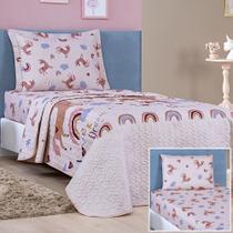 Enxoval Kit Colcha + Jogo De Cama Lençol Bouti Solteiro Infantil Kids 4 Peças 100% Poliéster - Unicórnio
