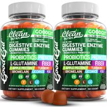 Enzimas digestivas com probióticos e prebióticos para a saúde digestiva Gomas + L-Glutamina para a saúde intestinal Bromelaína, açafrão, fibra de alcaçuz, pectina de maçã, inulina, FOS, vitaminas de goma veganas de base vegetal