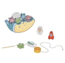 Equilíbrio Espacial 2 em 1, da Tooky Toy - Brinquedo de Madeira de empilhar peças na Lua em balanço com alinhavo - Cód. TP069 Equilíbrio Espacial 2 em 1, da Tooky Toy - Brinquedo de Madeira de empilhar peças na Lua em balanço com alinhavo - Cód. TP069