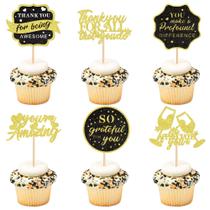 Ercadio 24 unidades de toppers para cupcake com glitter preto e dourado