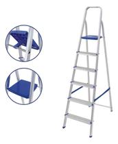 Escada Alumínio Doméstica 6 Degraus Reforçada Mor Escadas Cor Azul E Cinza