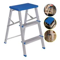 Escada Banqueta Dobrável Azul De Alumínio 3 Degraus 120kg Mor