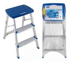 Escada Banqueta Mor 3 Degraus Alumínio Dobrável, Suporte 120kg e Antiderrapante Leve Resistente Facil Compacta Pequena