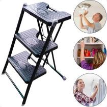 Escada Dobrável 3 Degraus Antiderrapante Em Aço Anodilar preta