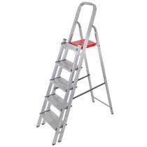 Escada Suporta 120kg Alumínio 5 Degraus 1,53m Pés Antiderrapantes Degraus Corrimãos Duplos Reisam