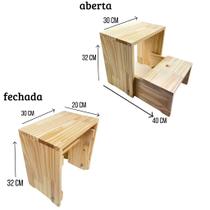 Escadinha Auxiliar Dobrável 2 Degraus em Madeira Pinus Natural Banquinho Multiuso