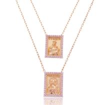Escapulário 60cm Sagrado Coração E N. S. Do Carmo Com Zircônia Pink - Prata Banhado A Ouro Rosê Escapulário 60cm Sagrado Coração E N. S. Do Carmo Com Zircônia Pink - Prata Banhado A Ouro Rosê