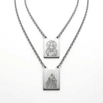 Escapulário Aço Inox Prateado Sagrado Coração de Jesus e Nossa Senhora do Carmo Medalhas Retangulares Religiosas