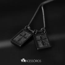 Escapulário Fé Cruz Masculino Preto Corrente Aço Inoxidável 65cm