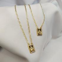 Escapulário Masculino Sagrado Coração de Jesus e Nossa Senhora do Carmo Semijoia Banho Ouro 18k Corrente Veneziana Religioso