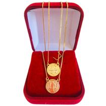 Escapulário Medalha de São Bento Folheado a Ouro 18k - Corrente Veneziana 60 cm x 0.8 mm