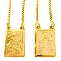 Escapulário Nossa Senhora do Carmo e Sagrado Coração de Jesus Dupla Face Banhado a Ouro 18k
