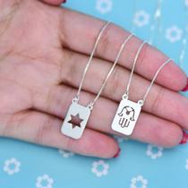 Escapulário Prata 925 Amuleto Mão de Hamsá e Estrela 60cm