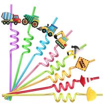Escavadeira de 24 canudos de plástico de construção reutilizáveis, bulldozer, caminhão liquidificador para tema de construção, suprimentos para festas de aniversário, lembrancinhas com 2 pincéis de limpeza
