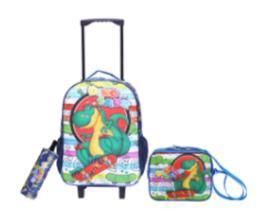 Escolar de Rodinhas de Gel Kit com Lancheira Térmica e Estojo Resistente Alças Removíveis Voltas às Aulas Estampa Dinossauro Menino Azul
