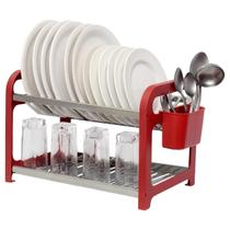 Escorredor 16 Pratos Inox Vermelho Com Porta Talheres