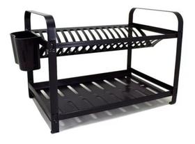 Escorredor Aço Inox Epóxi Preto 20 Pratos Com Porta Talher