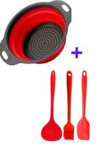 Escorredor Alimentos Silicone Dobrável e 03 Utensílios Silicone Concha Pincel Espátula Escorredor Alimentos Silicone Dobrável e 03 Utensílios Silicone Concha Pincel Espátula