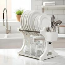 Escorredor de Louça 12 Pratos Branco em aço Inox Alto com Porta Talher Organizador Pia