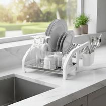 Escorredor de Louça 12 Pratos Branco em aço Inox Cama com Porta Talher Organizador Pia Cozinha Casa Escorredor Louca