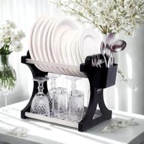 Escorredor de Louça 12 Pratos Preto em aço Inox Alto com Porta Talheres Cozinha