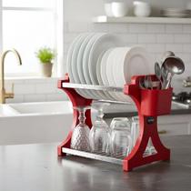Escorredor de Louça 12 Pratos Vermelho em aço Inox Alto com Porta Talheres Cozinha Casa Escorredor louca Organizador