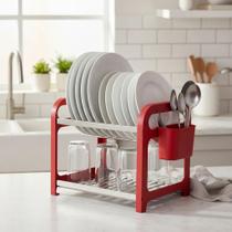 Escorredor de Louça 12 Pratos Vermelho em aço Inox com Porta Talher Cozinha Organizador Pia Escorredor de Louça 12 Pratos Vermelho em aço Inox com Porta Talher Cozinha Organizador Pia