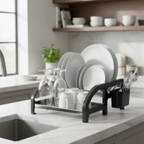 Escorredor de Louça 16 Pratos Preto em aço Inox Cama com Porta Talher Organiador Pia