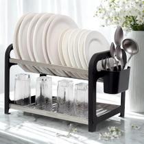 Escorredor de Louça 16 Pratos Preto em aço Inox com Porta Talheres Cozinha