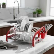 Escorredor de Louça 16 Pratos Vermelho em aço Inox Cama com Porta Talher Cozinha Organizador Pia