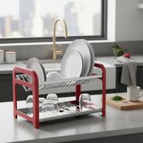 Escorredor de Louça 16 Pratos Vermelho em aço Inox com Porta Talher Organizador Pia