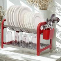 Escorredor de Louça 16 Pratos Vermelho em aço Inox com Porta Talheres Escorredor de Louça 16 Pratos Vermelho em aço Inox com Porta Talheres
