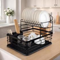 Escorredor de Louça 2 Andares Preto Fosco Grande e Amplo com Porta Talheres e Bandeja Coletora BSMIX