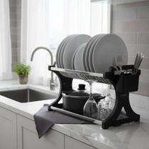 Escorredor de Louça 20 Pratos Preto em aço Inox Alto com Porta Talher Cozinha Organizador Pia