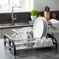 Escorredor de Louça 20 Pratos Preto em aço Inox Cama com Porta Talher Organizador Pia