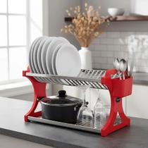 Escorredor de Louça 20 Pratos Vermelho em aço Inox Alto com Porta Talher Organizador Pia