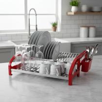Escorredor de Louça 20 Pratos Vermelho em aço Inox Cama com Porta Talher Cozinha Organizador Pia