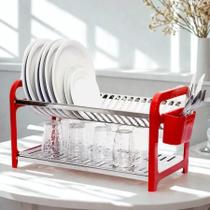 Escorredor de Louça 20 Pratos Vermelho em aço Inox com Porta Talheres